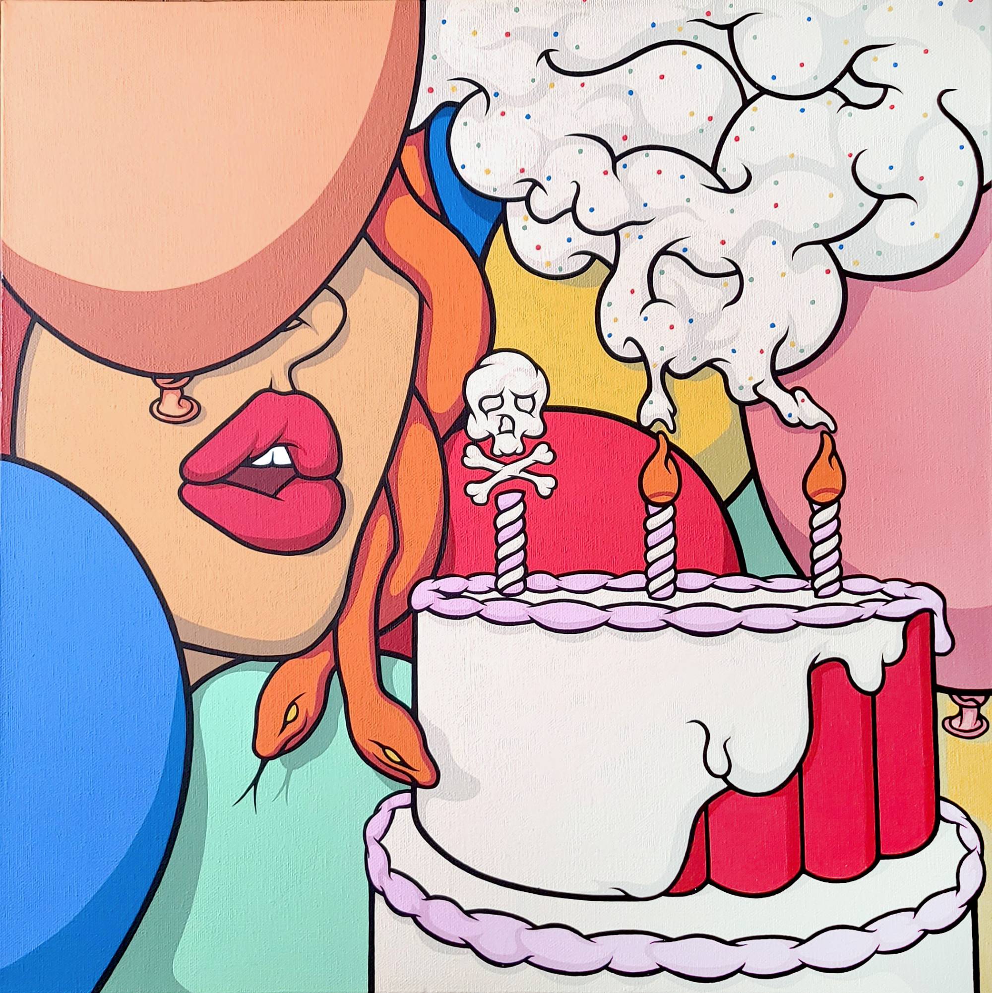 cake made of dynamite next to a woman's face with snake hair, her eye covered by balloons